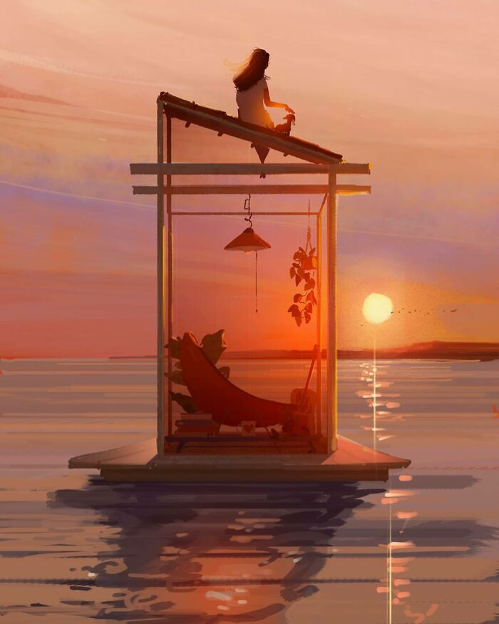Digital art of a serene sunset scene showing an artist transforming the everyday into something quietly extraordinary.