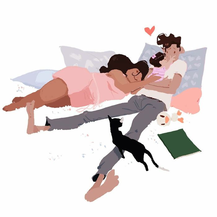 A digital artwork showing a family embracing with a cat nearby, transforming the everyday into something quietly extraordinary.