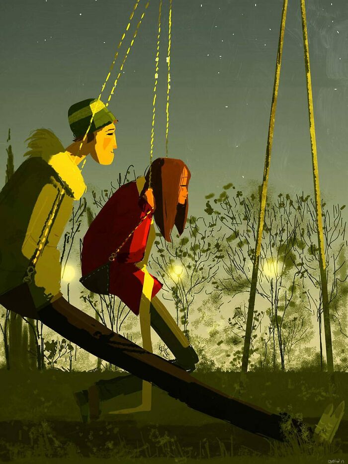 Digital painting of two people on a seesaw at dusk, showcasing artist transforming the everyday into something quietly extraordinary.