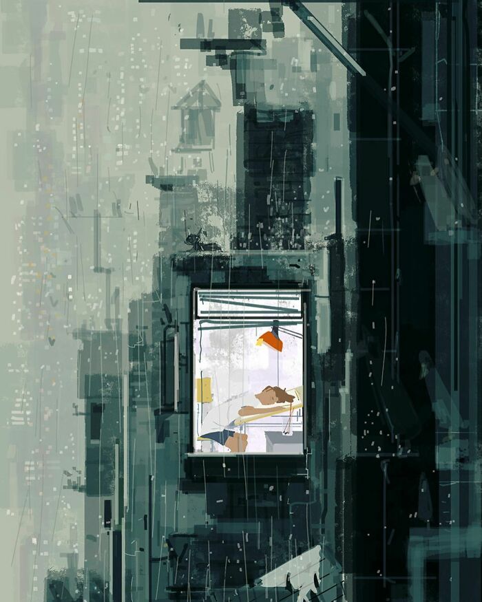 Digital painting showing an artist transforming the everyday scene of a rainy urban window into a quietly extraordinary moment.