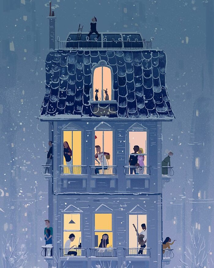 Illustration of everyday life in a quiet extraordinary apartment building with people and cats in snow at night.