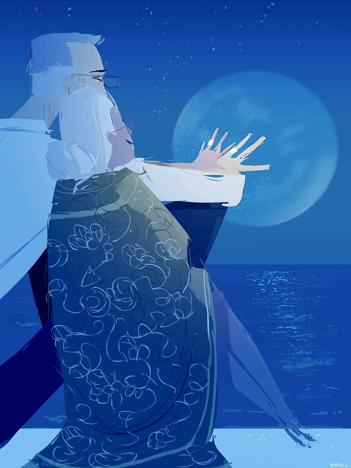 Digital artwork of a couple by the ocean at night, transforming the everyday into something quietly extraordinary.