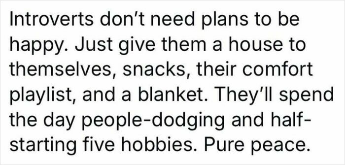 Introvert meme about needing a house, snacks, comfort playlist, and a blanket for peace after socializing.
