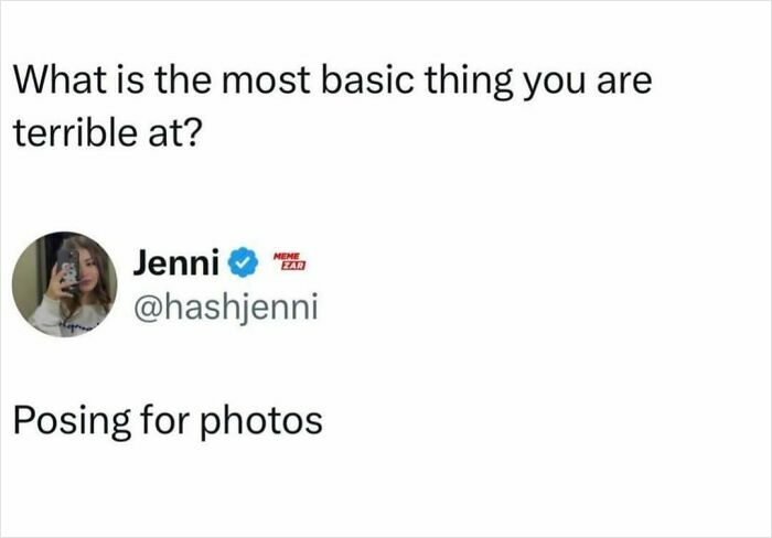 Screenshot of a social media post humorously admitting difficulty with posing for photos, fitting introvert memes content.