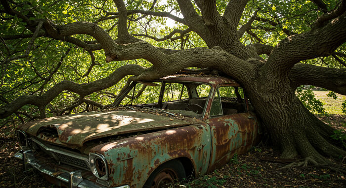 A Tree Growing Through An Abandoned Car
