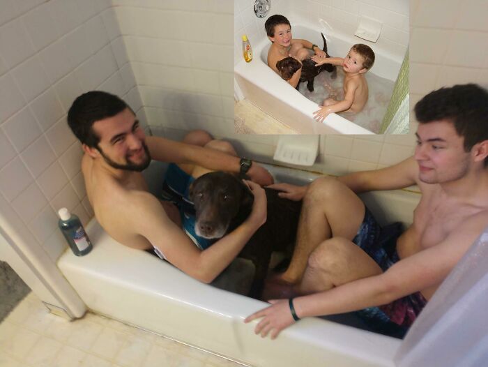Two families taking awkward, funny photos of kids and a dog together in a bathtub, capturing cringed family moments.