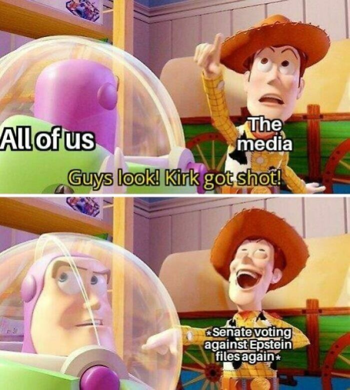 Buzz Lightyear labeled all of us looking shocked, Woody labeled the media laughing about Senate voting in a chaotic good meme.