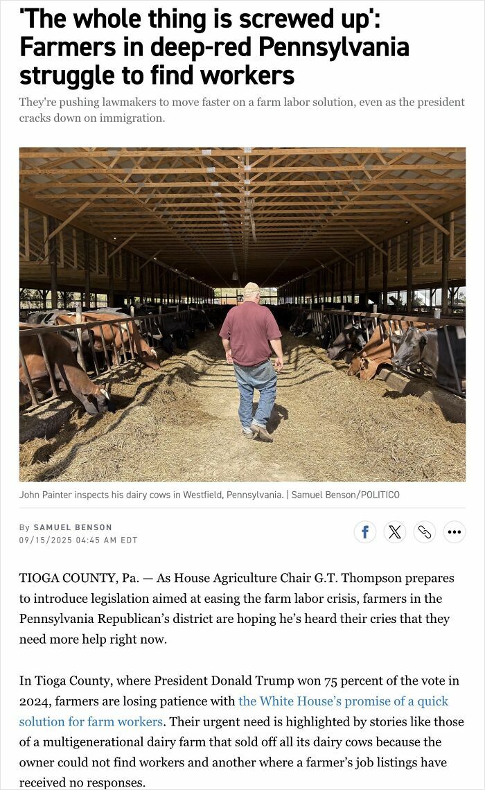 Farmer walking through a dairy barn inspecting cows, illustrating chaotic good actions in rural farm labor challenges.