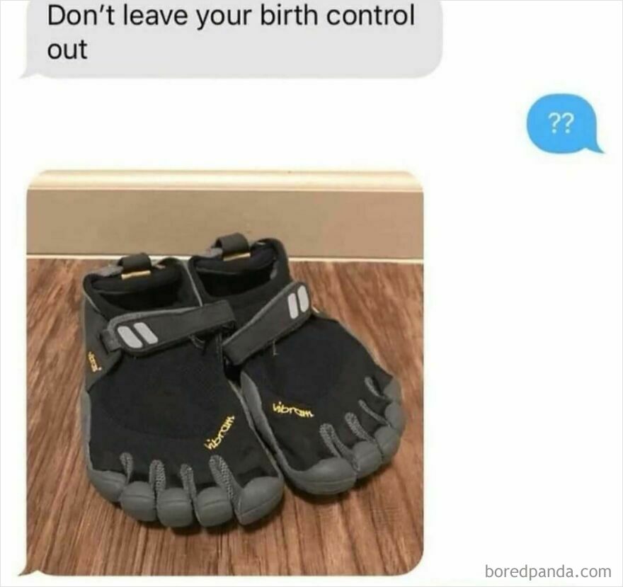 Text message joke about birth control shown above Vibram five-finger shoes, illustrating dads memes and jokes theme.