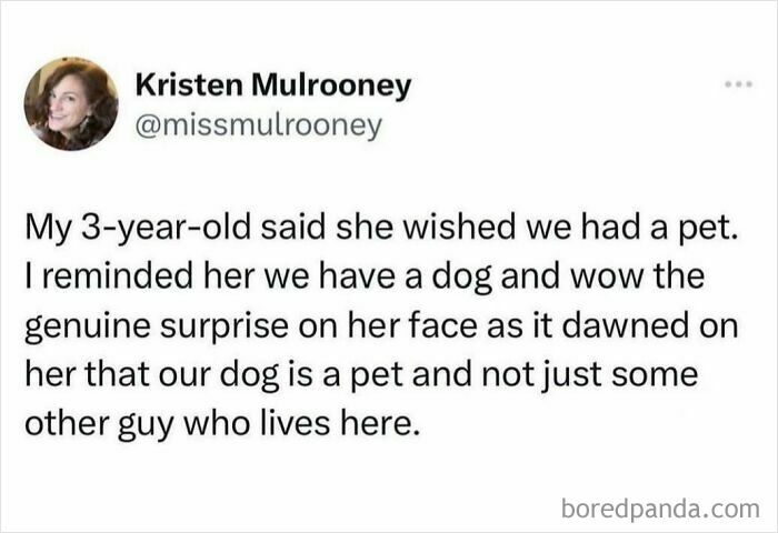 Tweet about a child realizing their dog is a pet, showing funny and adorable moments with furry companions.
