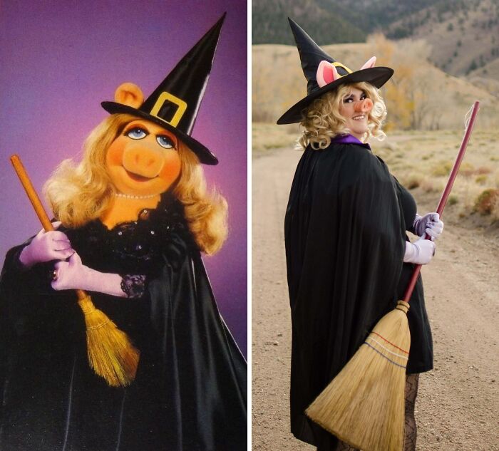 Miss Piggy and a person dressed as a witch holding a broom, showcasing genius Halloween costumes outdoors and indoors.
