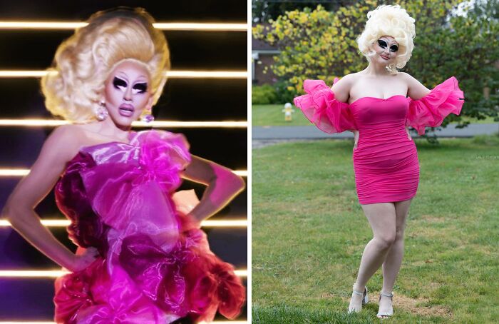 Drag performer in vibrant pink costume and voluminous blonde wig showcasing genius Halloween costumes for party talk.