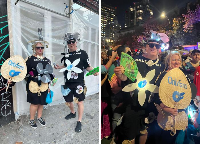 Couple wearing creative genius Halloween costumes with OnlyFans-themed accessories at daytime and nighttime events.