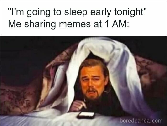 Person hiding under a blanket late at night sharing funny insomnia memes on their phone in bed at 1 AM.