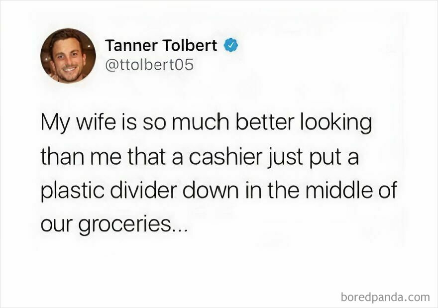 Tweet humor about dads with a joke on appearance and groceries highlighting dad memes and jokes.