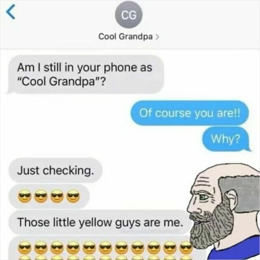 Text message exchange between a grandpa and grandchild with dad memes showing sunglasses emojis as his cool identity.