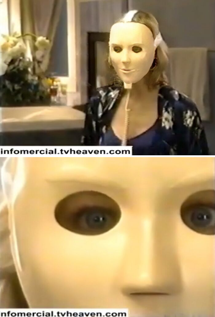 Woman wearing a creepy mask with hollow eyes in a disturbing scene from creepy commercials that might give nightmares.