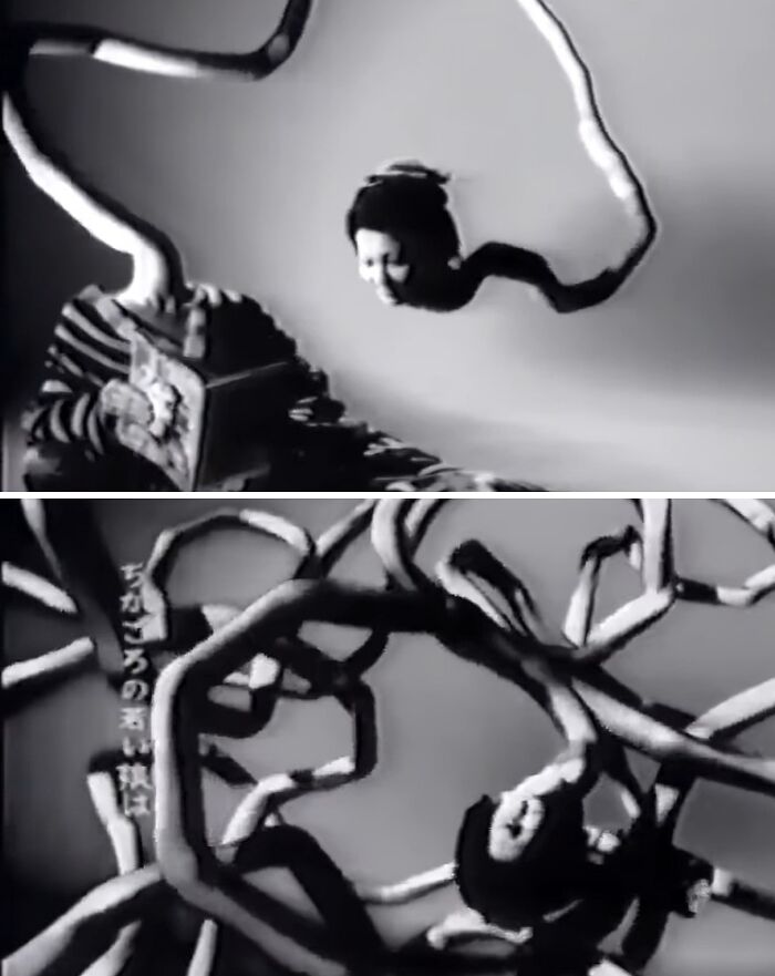 Black and white surreal imagery showing distorted human faces and twisted shapes in creepy commercials scenes.