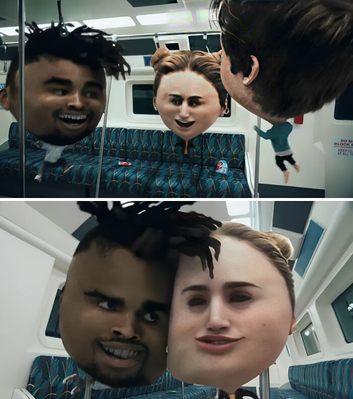 Distorted faces in a subway setting with exaggerated features, illustrating a creepy commercial scene.