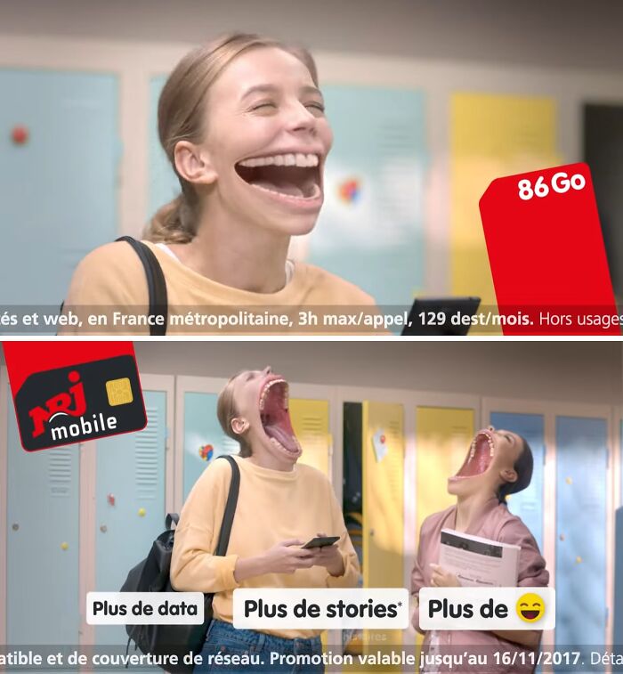 Two young women with exaggerated, unnaturally large open mouths in a creepy mobile commercial setting.