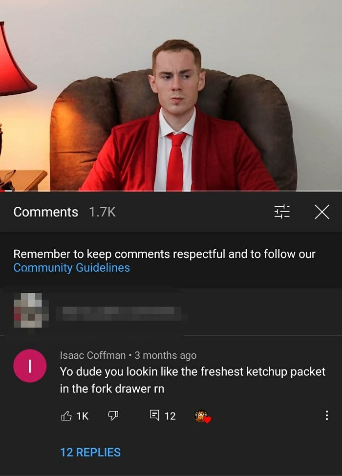 Man in red sweater sitting on chair above a funny YouTube comment, illustrating hilarious YouTube comments.