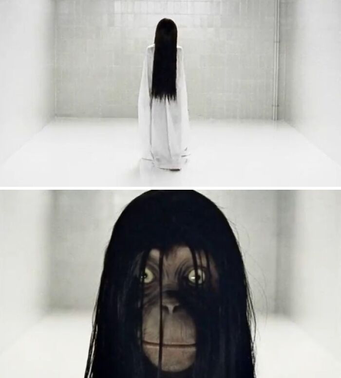 Creepy commercial scene showing a figure with long black hair in a white room revealing a startling primate face.