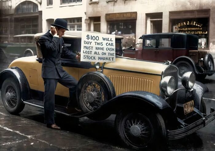 Man in vintage attire next to old car with sign selling it after stock market loss in fascinating photos and stories.