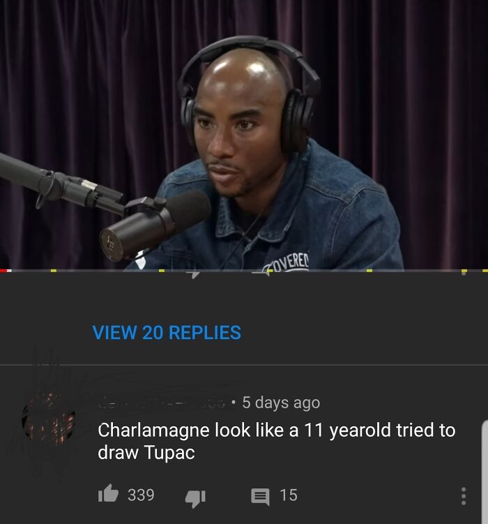 Podcast host wearing headphones and speaking into microphone with hilarious YouTube comments visible below the video.