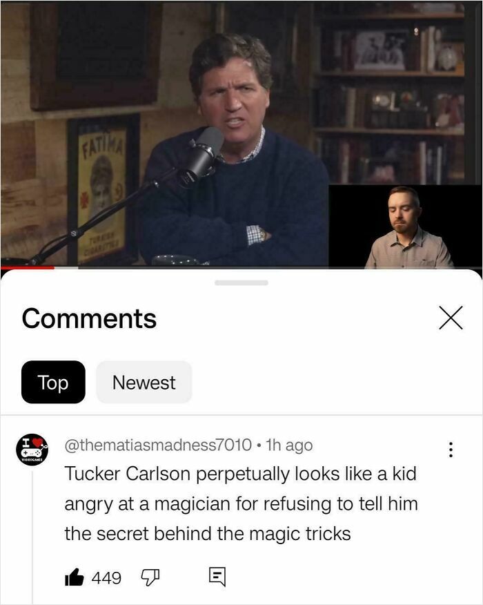 Man speaking into microphone during a video with hilarious YouTube comments shown below the screen in a comment section.