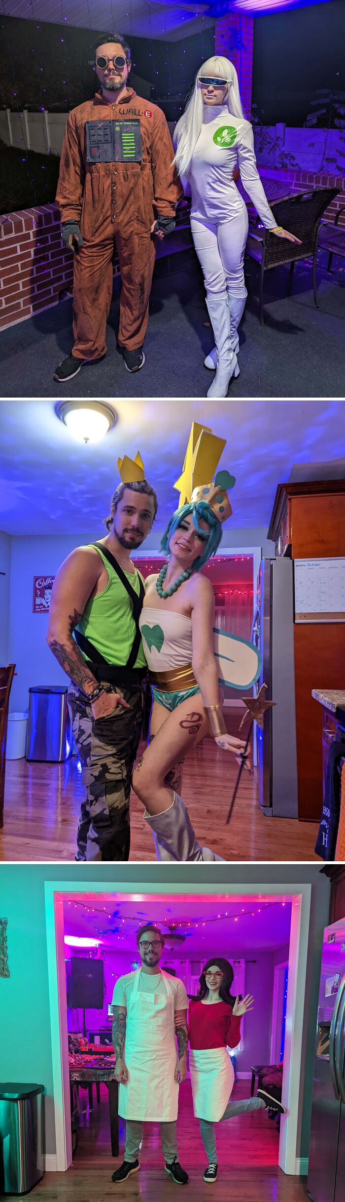 Three pairs of creative Halloween costumes featuring a sci-fi duo, fantasy characters, and a themed couple indoors and outdoors.