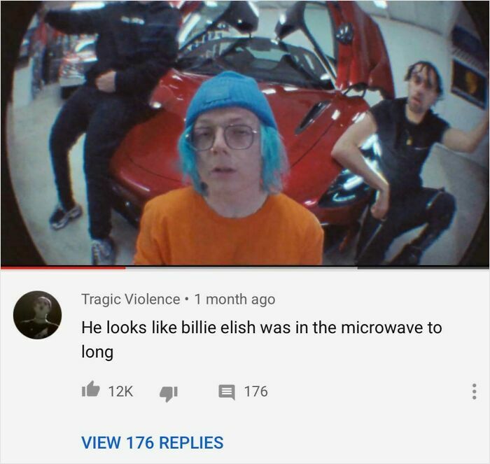 YouTube comment humor with a person wearing a blue hat and orange shirt in front of a red sports car.