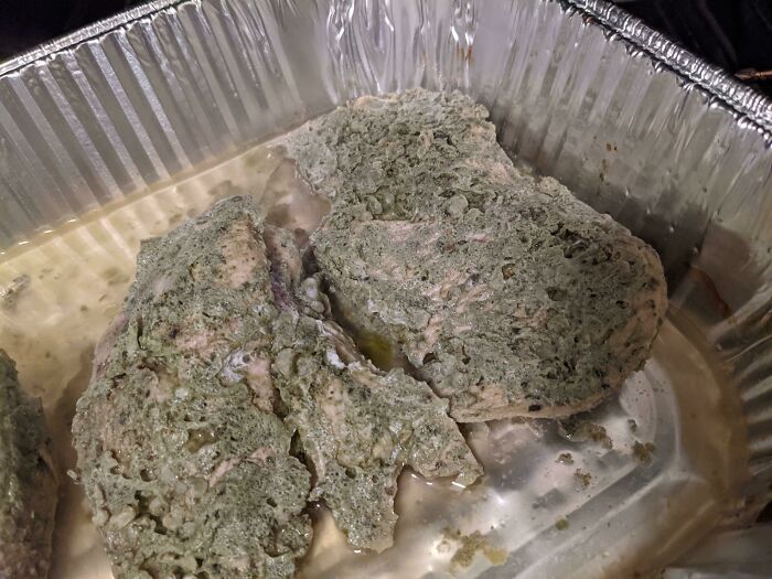 Spoiled and moldy food pieces in an aluminum tray showing a cursed and disgusting example of unappetizing food.
