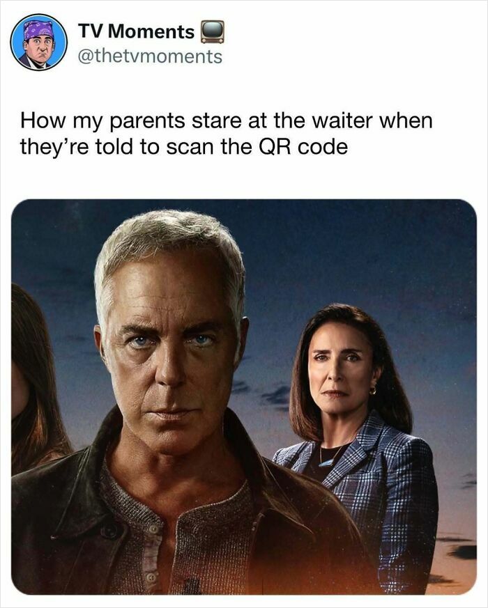 A TV meme showing serious parents staring at a waiter confused about scanning a QR code, from funny and relatable TV memes.