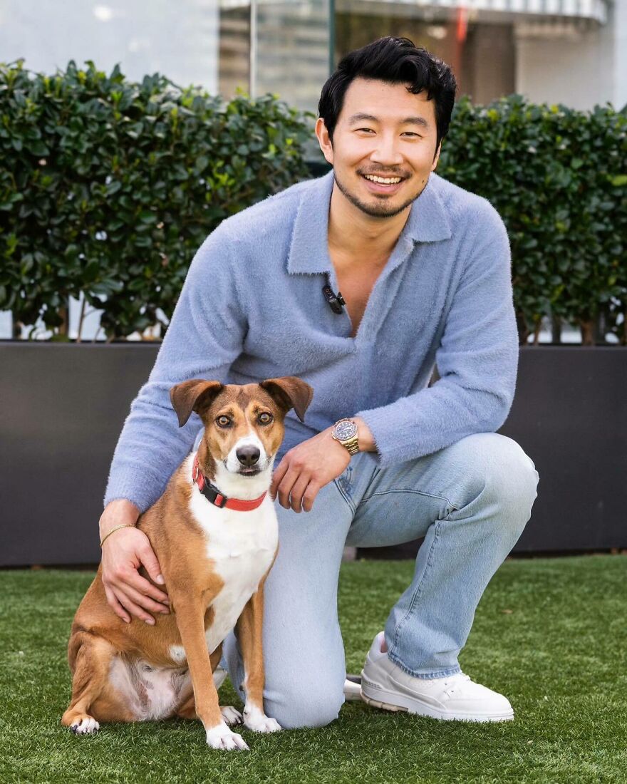 Smiling Simu Liu posing outdoors with his dog, showcasing the most handsome man in the world 2025 look.