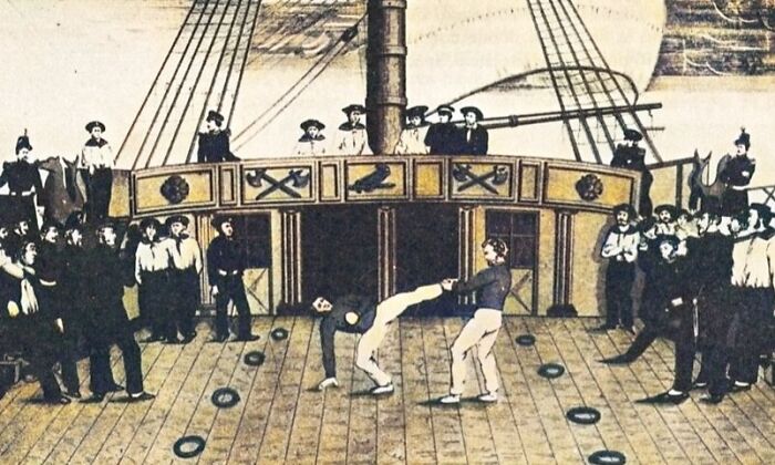 Vintage illustration of people playing a dangerous and unsafe historical sport on a wooden ship deck with spectators.