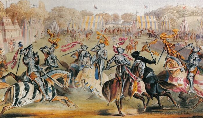 Medieval knights in armor jousting on horseback during a dangerous and unsafe historical sport event.