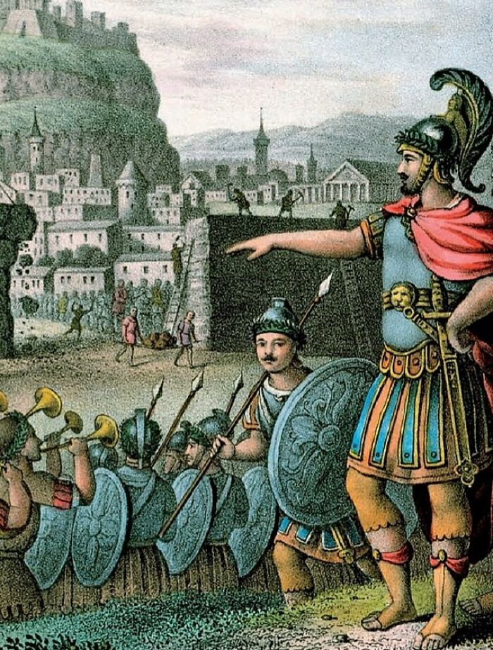 Ancient warriors in armor preparing for battle near a fortified city, illustrating dangerous and unsafe historical sports.