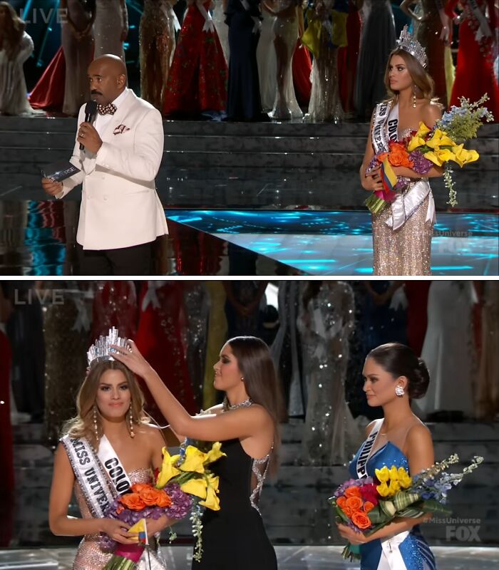 Miss Universe pageant moment with a crowning mishap, showcasing unexpected oopsies deserving a hall of fame spot.