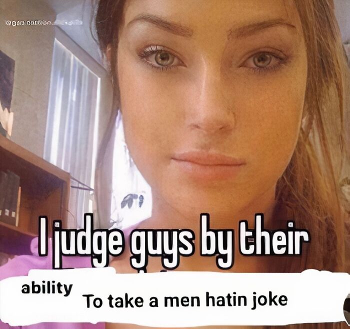 Young woman with neutral expression sharing a meme about judging guys and evil thoughts in casual indoor setting.