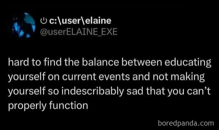 Text post by user Elaine discussing the challenge of balancing current events with maintaining daily serotonin boost.