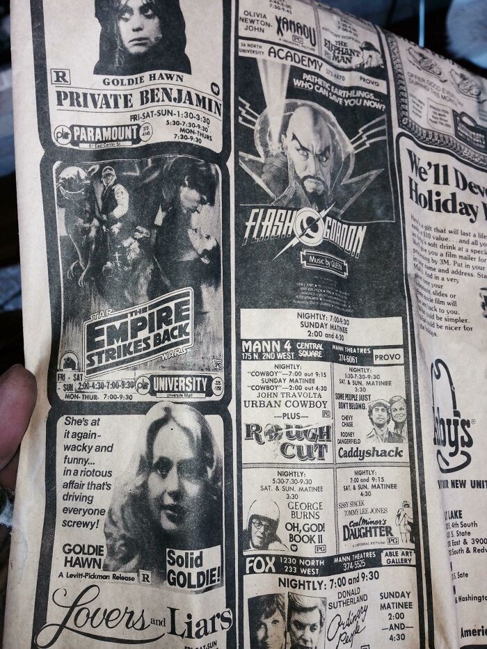 1980s vintage movie advertisements in a newspaper showcasing classic films and promoting wild, weird, and wonderful cinema.