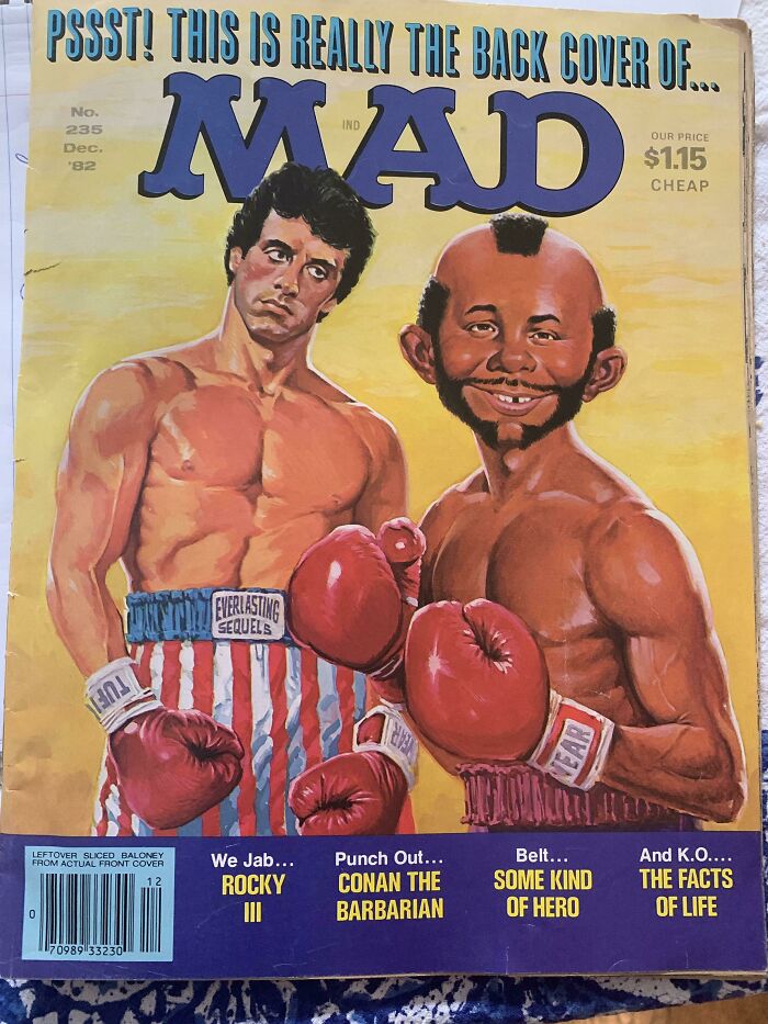 Mad magazine cover parody with 1980s boxing characters Rocky and Mr. T, showcasing wild and weird 1980s culture.