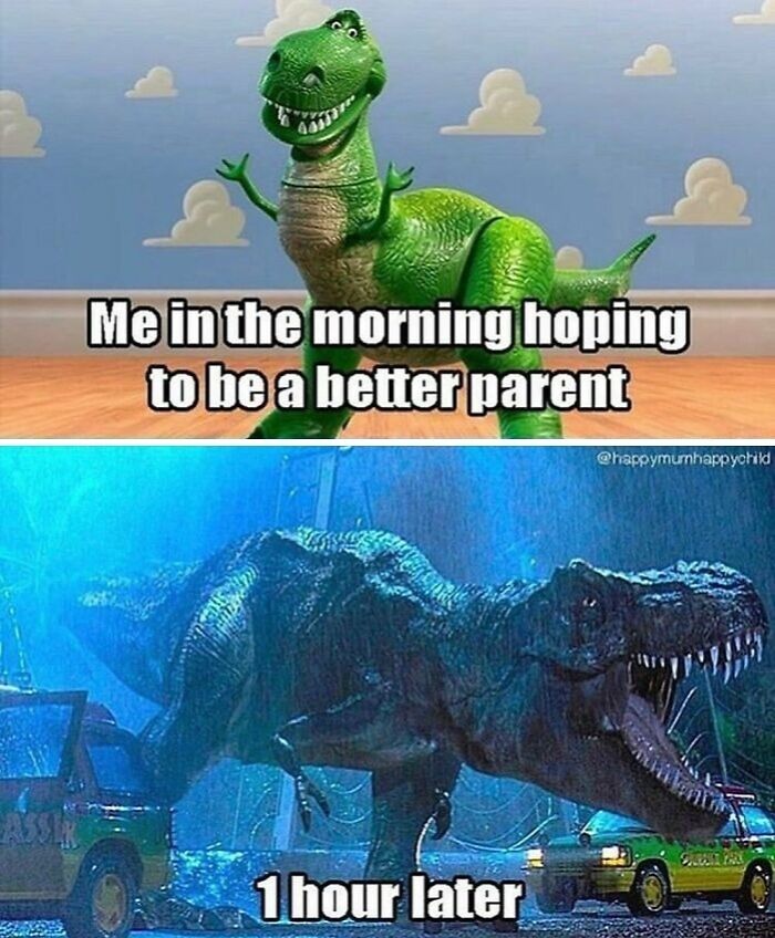 Green dinosaur Toy Story character hopeful to be a better parent contrasted with fierce T-Rex one hour later parenting meme.