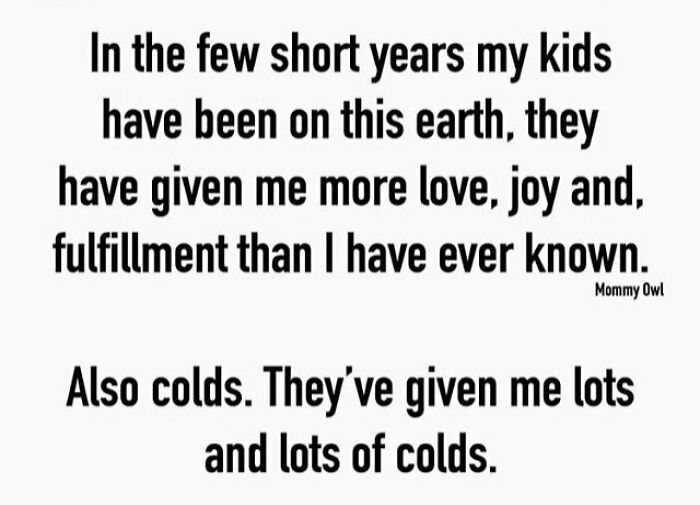 Humorous relatable parenting meme about love, joy, fulfillment, and getting colds from kids in everyday parenting life.