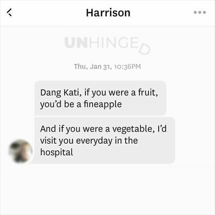 Screenshot of a funny and unhinged dating app message with a playful fruit and vegetable pun.