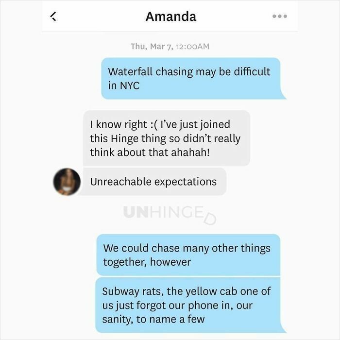 Text conversation from dating app showing humorous chat about unreachable expectations and NYC challenges like subway rats and yellow cabs.