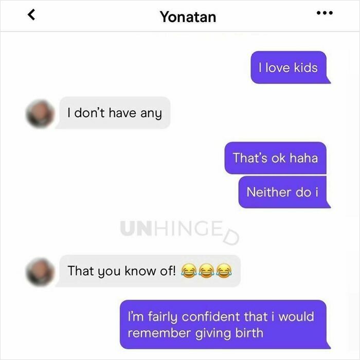 Screenshot of a hilarious and unhinged dating app conversation about having kids with playful banter.