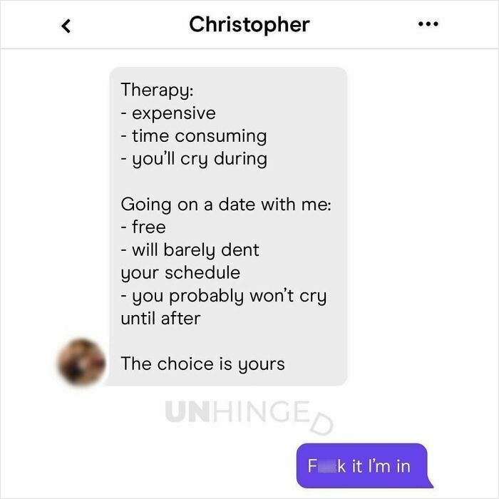 Text message conversation from a dating app showing a humorous comparison between therapy and going on a date.