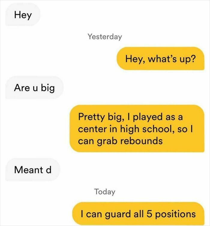 Chat conversation showing a funny and unhinged exchange on a dating app about playing basketball positions.