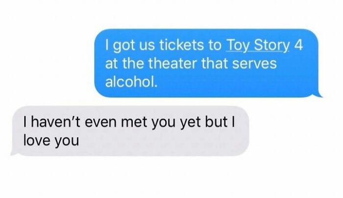 Text conversation about a Hinge date with tickets to Toy Story 4 at a theater serving alcohol, showing unhinged dating app behavior.